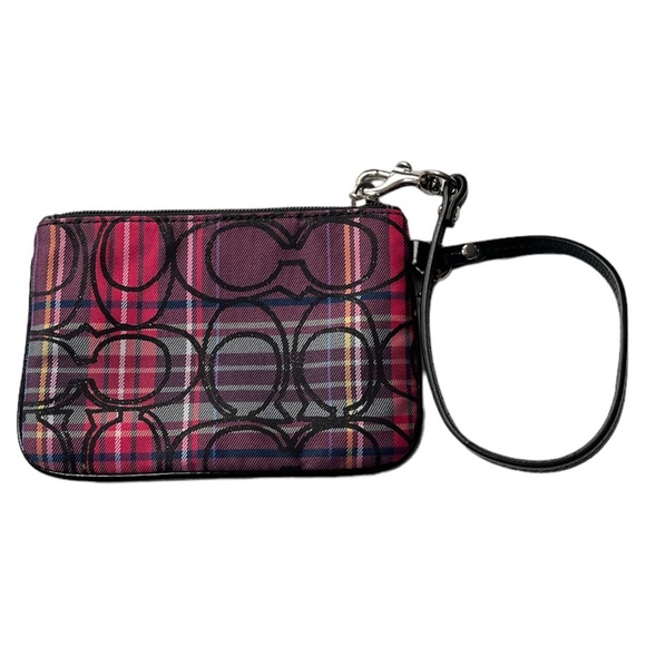 Coach Signature Logo Plaid Wristlet Clutch Purple Black Pink - Picture 2 of 8